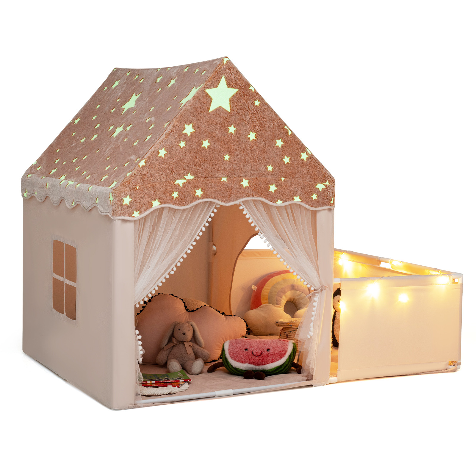 Costway 2-in-1 Speeltent voor kinderen met oplichtende functie, speelhekje, speelhuis, mat en ramen, Beige