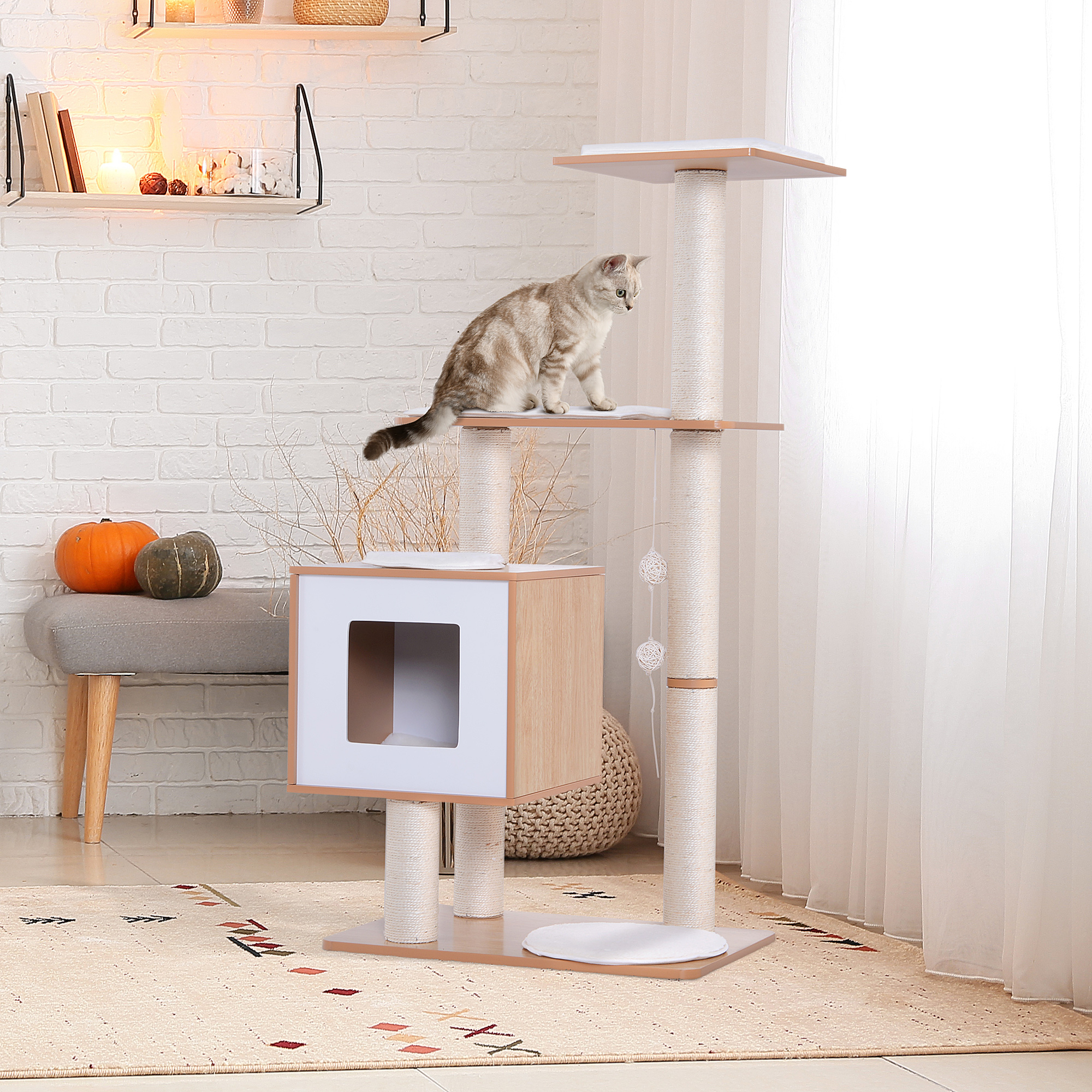 Pawhut Albero Tiragraffi per Gatto Trespolo per gatti in Sisal con Cuccia, Piattaforme e Giochi, 60x40x120 cm legno, bianco  Aosom