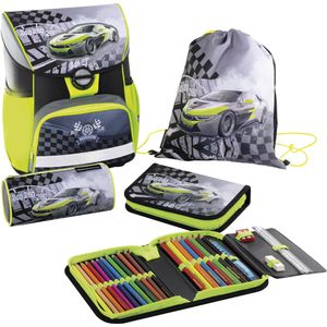 Eberhard-Faber Schulranzen EFAlino Race Car, 577615, 4-teilig, höhenverstellbar, 1. - 4. Klasse, schwarz, für Jungen