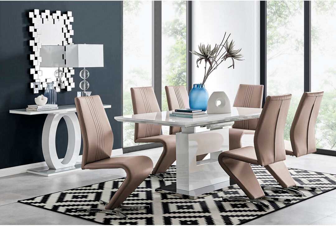 Canora Grey Alezzo Modern High Gloss Extendable Dining Table Set with 6 Modern Design Faux Leather Dining Chairs Cappuccino 6