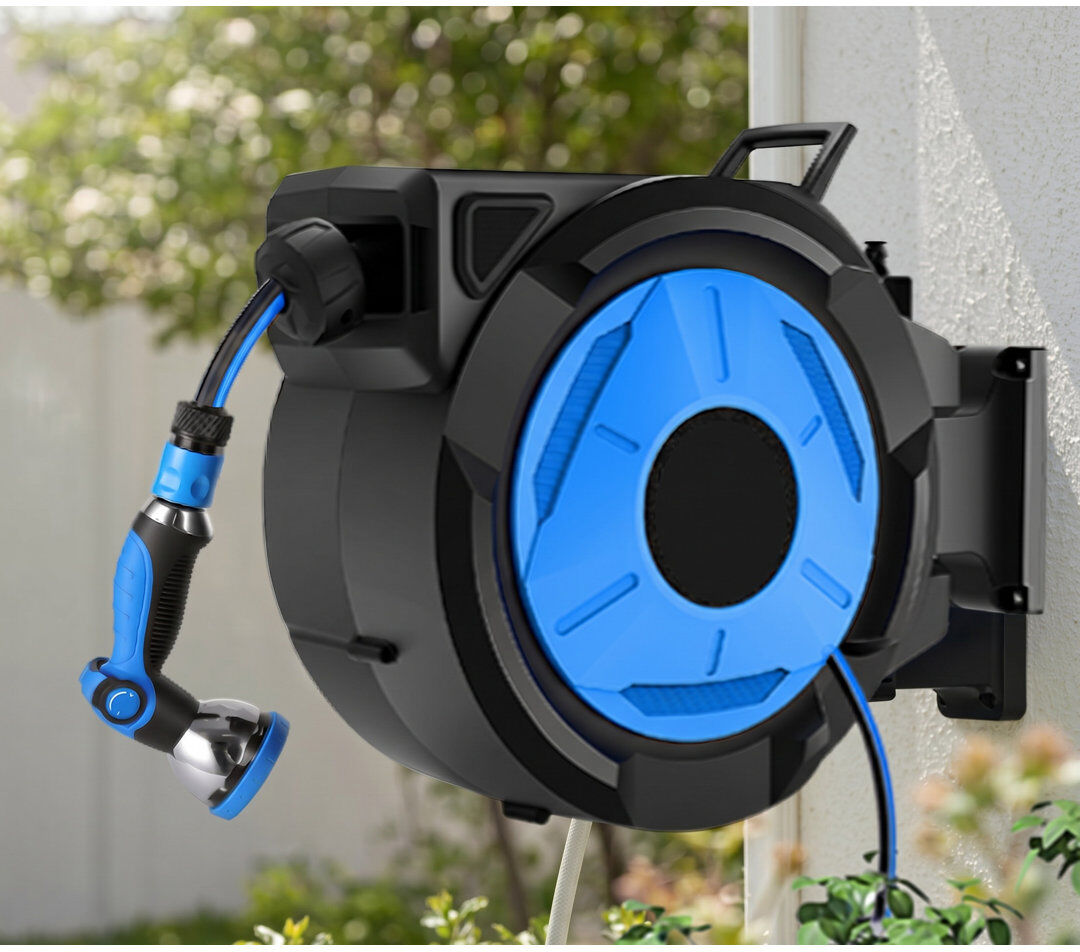 Himimi Retractable Garden Hose Reel 30m, Wall Mounted Hose Pipe Reel with Auto Rewind, 180° Swivel, Lock at Any Length, 10 Spray Nozzle, Heavy Duty Garden Wa Blue 40.5cm H X 55cm W X 21cm D