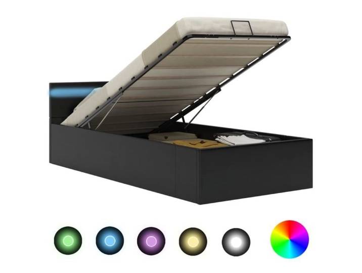 Cadre de lit - Similicuir - 90x200 cm - Noir - Mécanisme de levage hydraulique - Bande LED