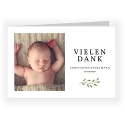 Dankeskarte Baby: Zweig - Danke Baby mit Foto in Weiß