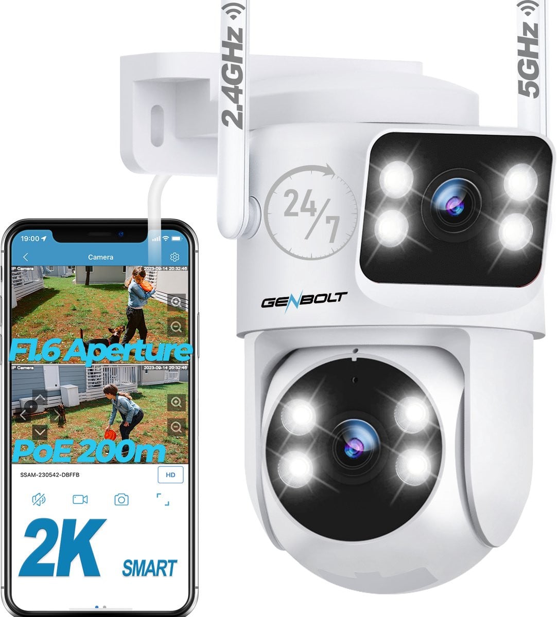 GENBOLT WiFi Beveiligingscamera Buiten 2K Dual Lens PoE met Kleurnachtzicht en Bewegingsdetectie