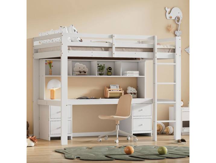Lit mezzanine enfant - MODFU - 90x200 cm - Blanc - Table et rangement intégrés - Construction robuste
