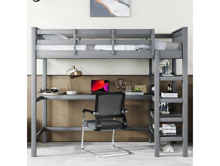Lit mezzanine - KOMHTOM - 90x200 cm - Bureau intégré - Étagères - Garde-corps sécurité