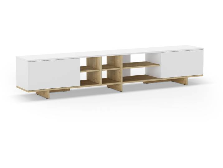 Meuble TV CEQUOIA – Coloris chêne & blanc – 2 portes abattantes et 6 niches – 230 x 35 6 x 44 cm