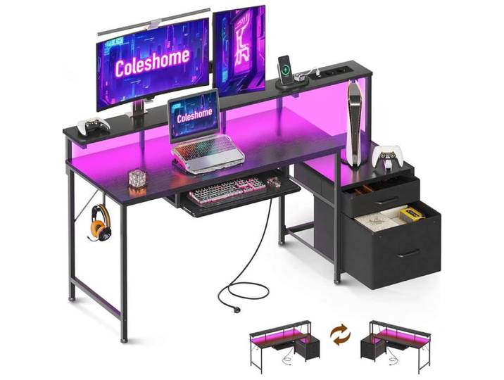 Bureau Gaming Avec Led Et Tiroirs 140X48Cm Noir Bureau Gamer Avec Tiroirs Support Écran Et Tablette Clavier Pour Organiser Pc Acce
