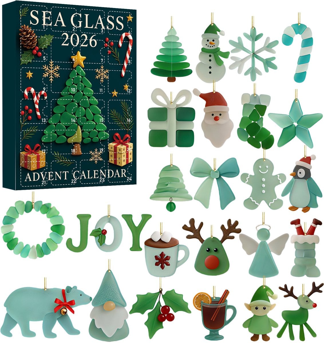 Kerst adventskalender 2026 met 24 groene en witte acryl hangornamenten voor kerstboomdecoratie