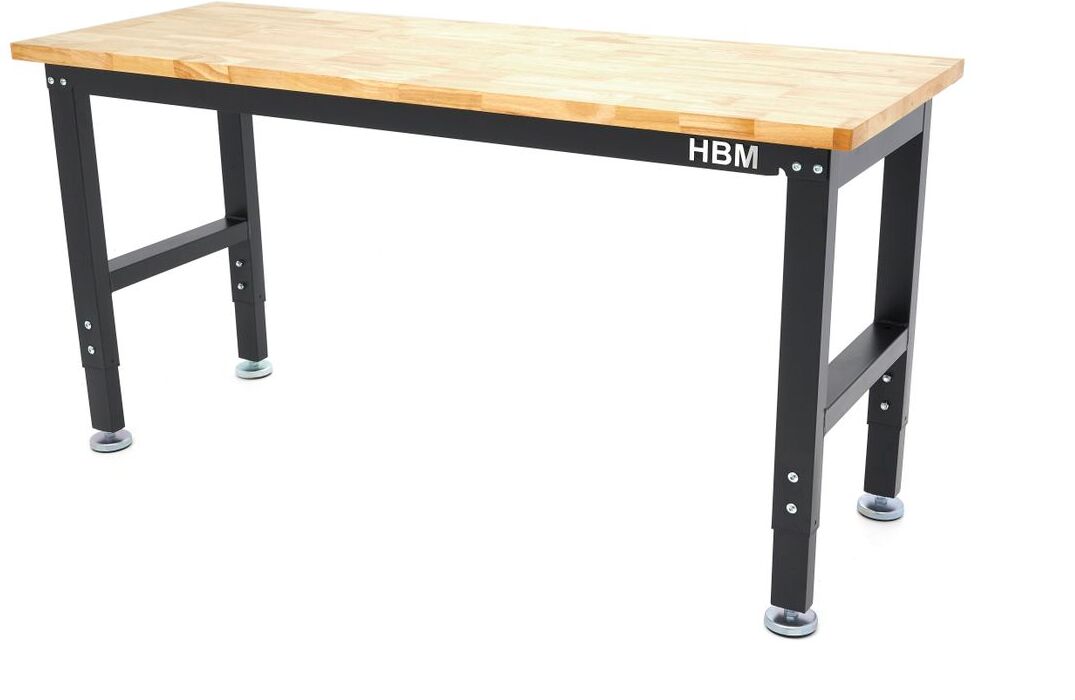 HBM établi réglable en hauteur 152 cm, plan de travail en bois massif, noir