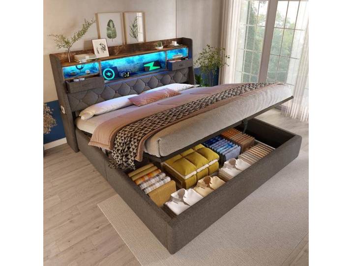 Lit suspendu capitonné - LEMONBEST - 140x190 cm - LED intégrée - Sommier à lattes - Coffre + ports USB
