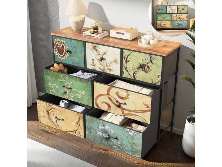 Commode de chambre - RAVAS - 7 tiroirs en tissu - meuble de rangement - structure en métal - 100 x 30 x 78 cm - motif vintage