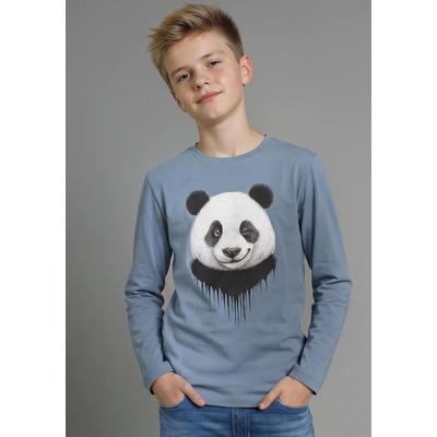 Langarmshirt KIDSWORLD "Shirt mit Panda-Print", Jungen, Gr. 140/146, blau, Jersey, Obermaterial: 100% Baumwolle, Basic hüftlang, Rundhals, Shirts Langarmshirt, Shirt mit coolem Print, langärmlig, Basic-Passform, modischer Stil