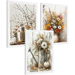 POSTER 3er Bilder-Set Wandbilder Blumen Vasen modern Wohnzimmer Deko, Schlafzimmer, Küche, Badezimmer Weißer Rahmen A3