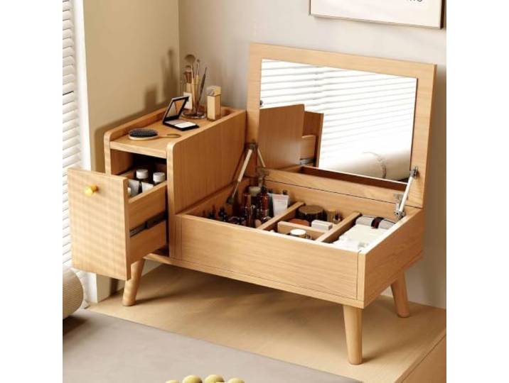 Dalumian Schminktisch im Landhausstil, Schminktisch für Erkerfenster Aufbewahrung mit Fächern, Schrank mit Spiegel und Schubladen, kompakter Schminktisch(A,70*45*45cm)