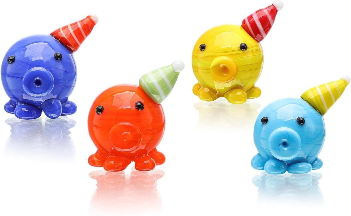 Set van 4 Kerst Octopus Beeldjes met Hoedjes - Blazen Glas Octopus Ornamenten voor Thuis en Bureau Decoratie