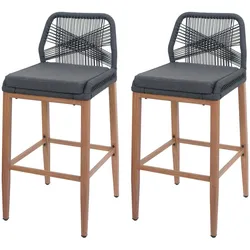 Décoshop26 - Set aus 2 Outdoor-Barhockern mit dekorativer elastischer Seilrückenlehne und Fußstütze Stahlrahmen in Holzoptik 04_0009643