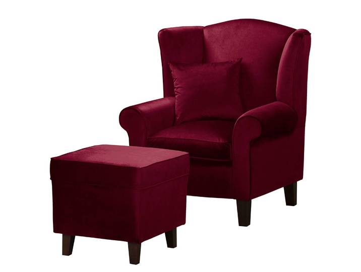 Ohrensessel Rot Samt Vaia mit Hocker 80 x 95 x 78cm