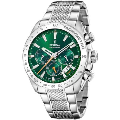 Chronograph FESTINA "Timeless Chronograph", silber (silberfarben, grün, grün), Armbanduhren, Herren, silberfarben, Chronograph, Armbanduhr, Quarzuhr, Herrenuhr, Stoppfunktion, Edelstahlarmband