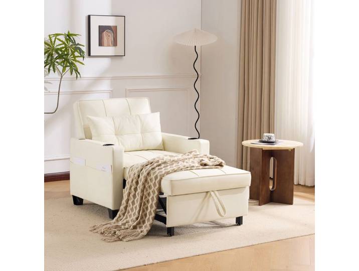 Canapé-lit Convertible 3-en-1 Fauteuil avec Porte-gobelets BLANC