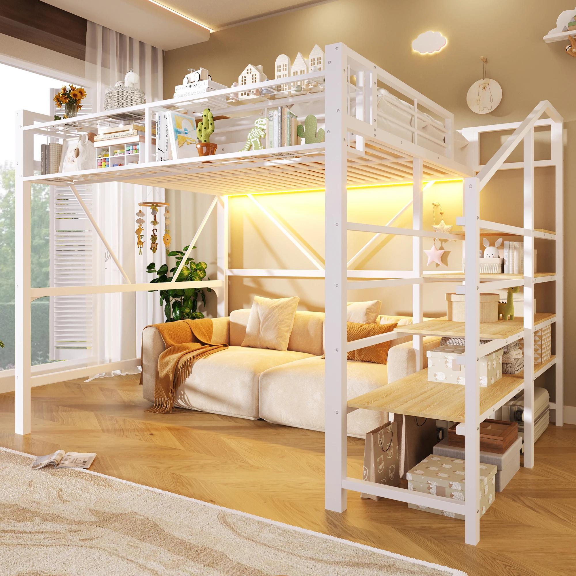Bett - Metall-Etagenbett 140x200 cm - Treppe - Gitterelemente - Ablagekorb - Offener Stauraum unten - LED-Lichtleiste - Weiß
