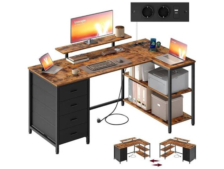 Bureau duAngle en Forme de L Prises Intégrées Bureau Informatique Configuration Réversible 140L cm Marron Rustique