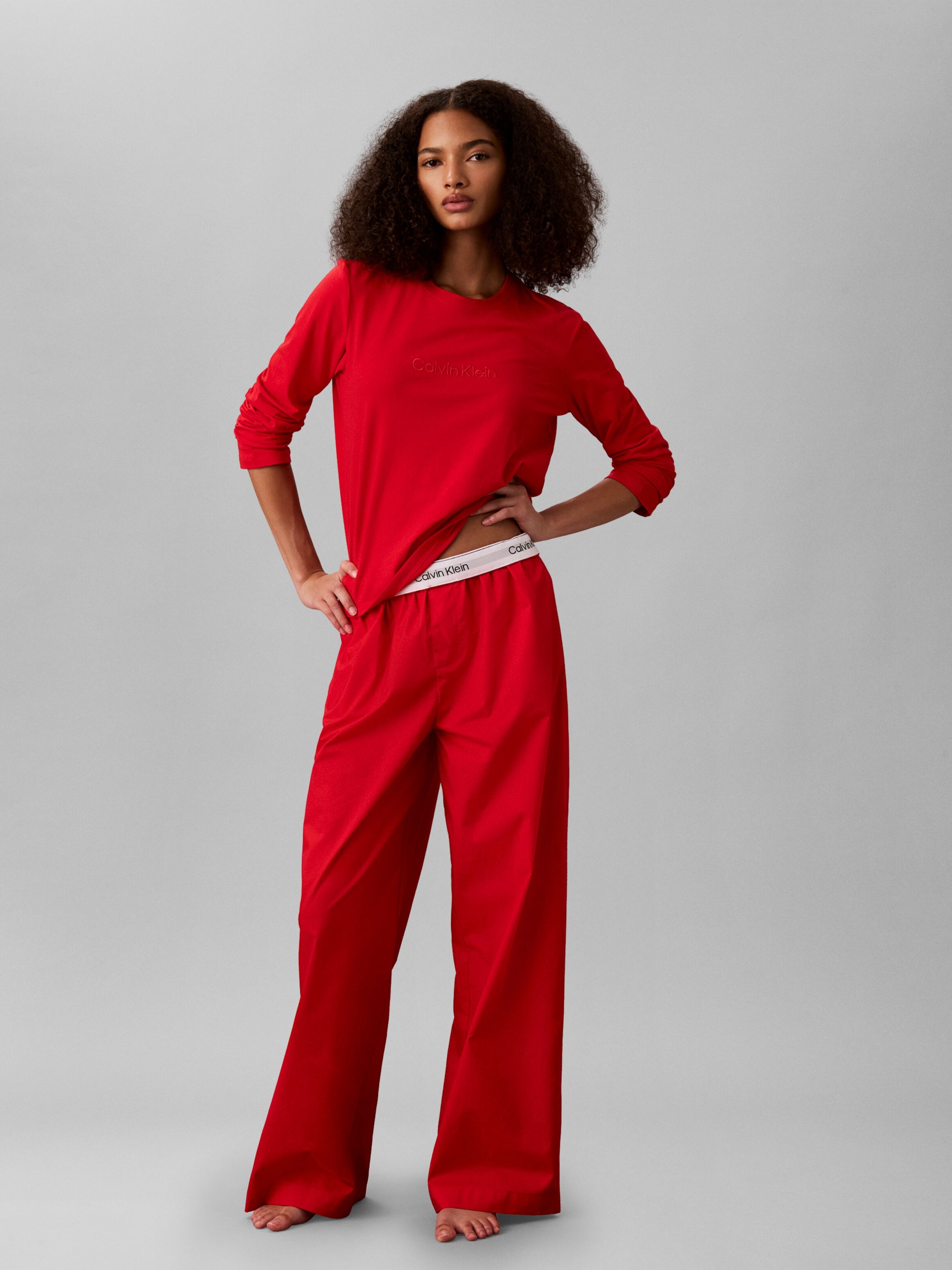 Pyjama, Damen, Gr. XL (42), rot (goji berry), Jersey, Obermaterial: 100% Baumwolle, CALVIN KLEIN UNDERWEAR, unifarben, Basic lang, Rundhals, abgesteppte Kante, Homewear-Sets Pyjama, mit Logo-Stickerei, bequeme Passform, weites Bein goji berry XL (42)