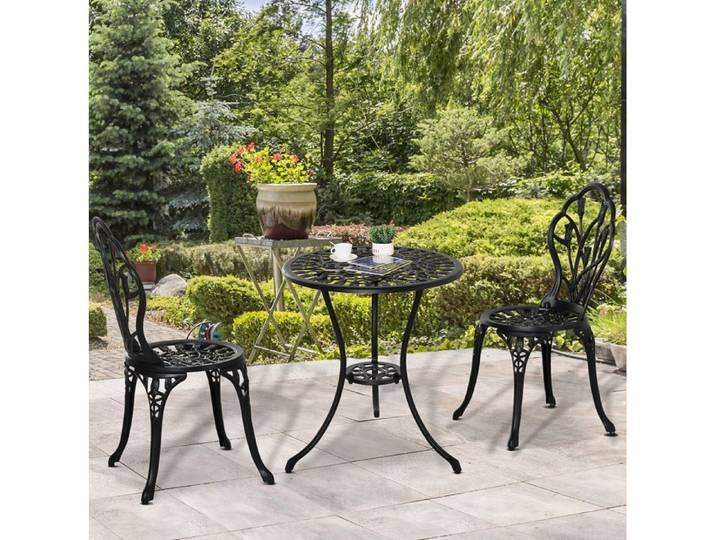 WOVREO Ensemble bistrot de jardin 3 pièces 2 personnes table ronde et 2 chaises pliantes en aluminium noir