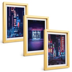 BILDER SET 3er Set - 20x30 cm Goldrahmen - Neon-Eingang zur nächtlichen Stadt