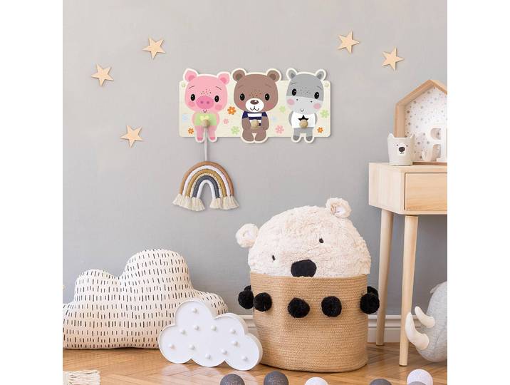 Patère enfants Cochon ours hippopotame 40 x 20 x 1cm Multicolore