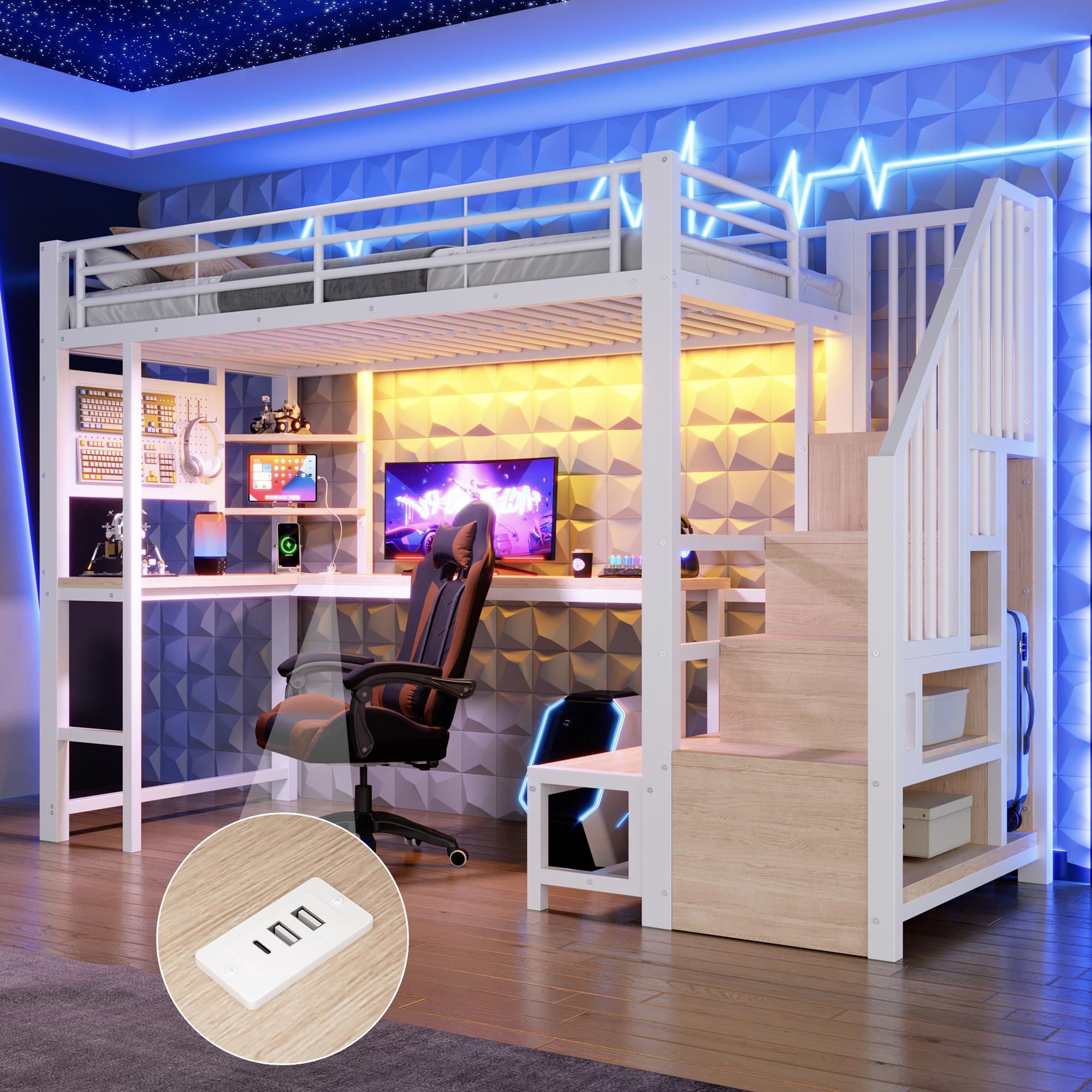 Merax Hochbett 90x200 cm, Etagenbett mit Schreibtisch, USB und USB-C Anschluss, LED-Beleuchtung, Lochwand, Regale, Kinderbett, Metallbett, Weiß