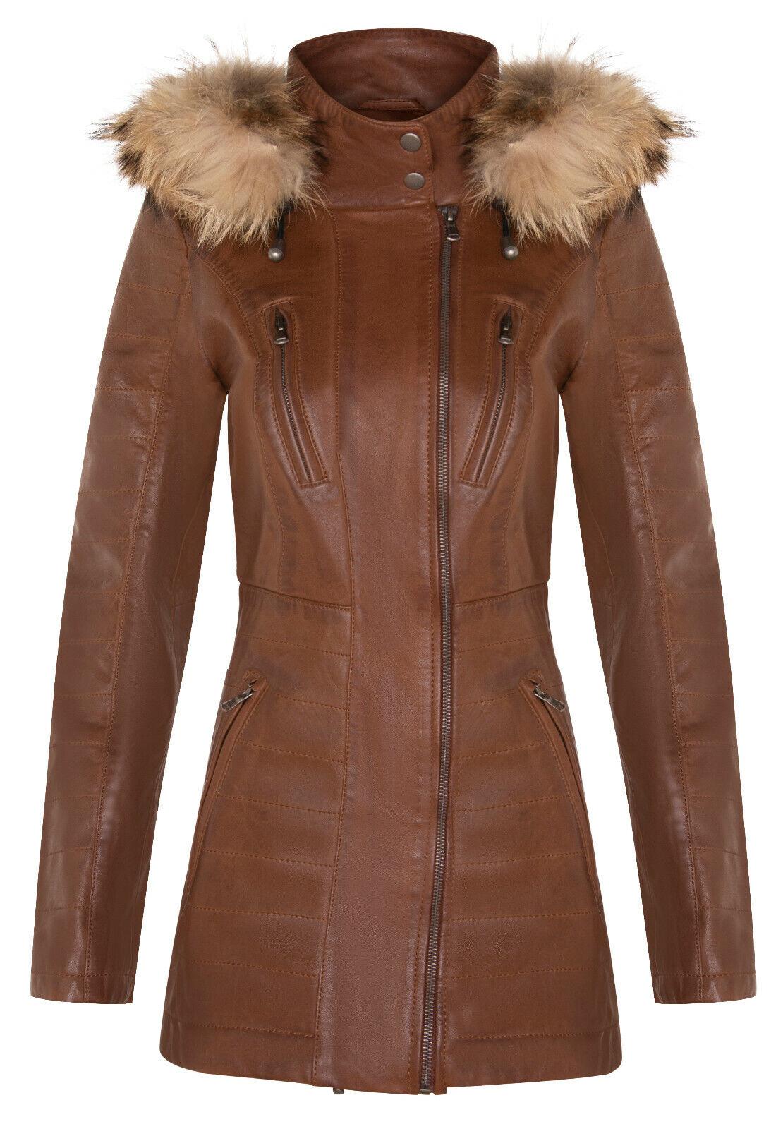 Damen-Parkajacke aus Leder in schmaler Passform mit Kapuze – Northam