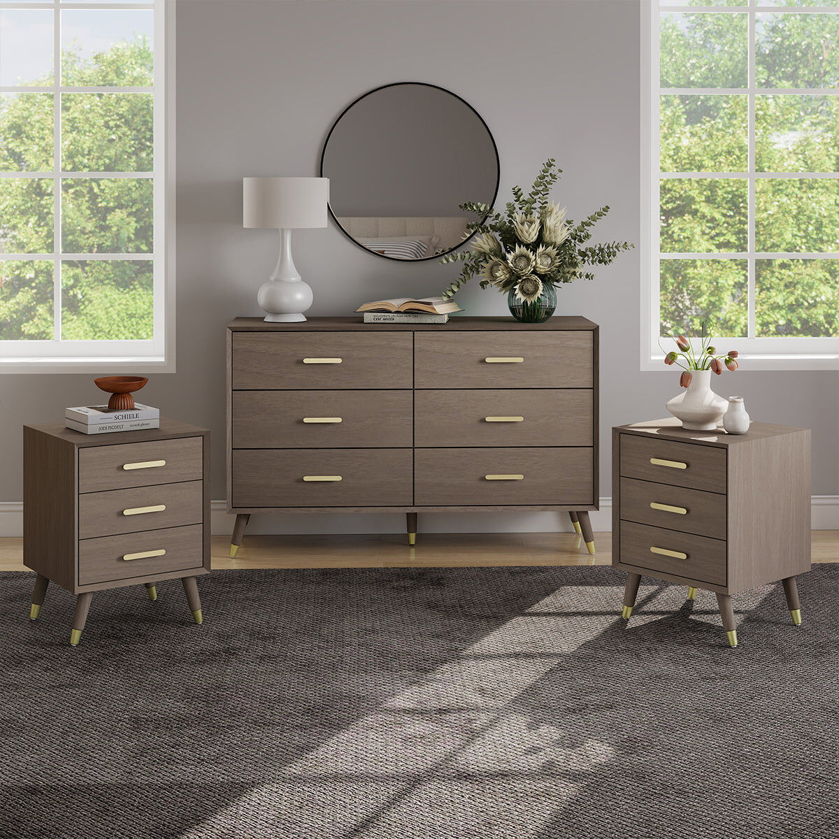 6 Drawer Chest Of Drawers & Pair of 3 Drawer Bedside Tables - Oslo Dark Wood Range Wood, Metal