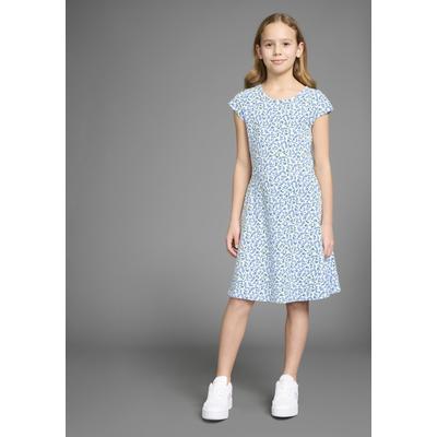 Jerseykleid KIDSWORLD "Skaterkleid in Allover-Design", Mädchen, Gr. 176/182, N-Gr, blau (blau geblümt), Jersey, Obermaterial: 95% Baumwolle, 5% Elasthan, bedruckt, geblümt, figurumspielend kniefrei, Rundhals, Kleider Jerseykleid, weich fallendes...