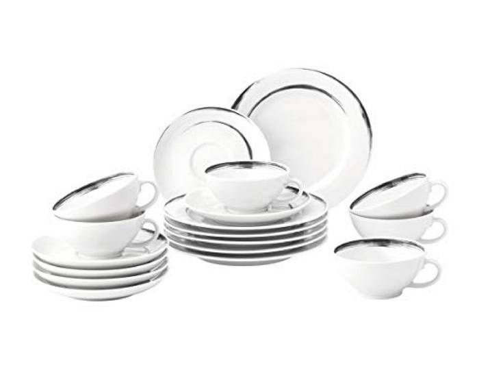 Seltmann Weiden Teeservice 18-teilig weiß Set für bis zu 6 Personen Serie Paso beinhaltet je 6 Frühstücksteller, Teeober- und Untertassen
