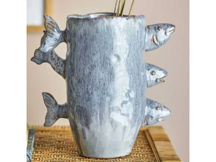 Bloomingville Vase TACE Blau Keramik Fische 23 cm Blumenvase