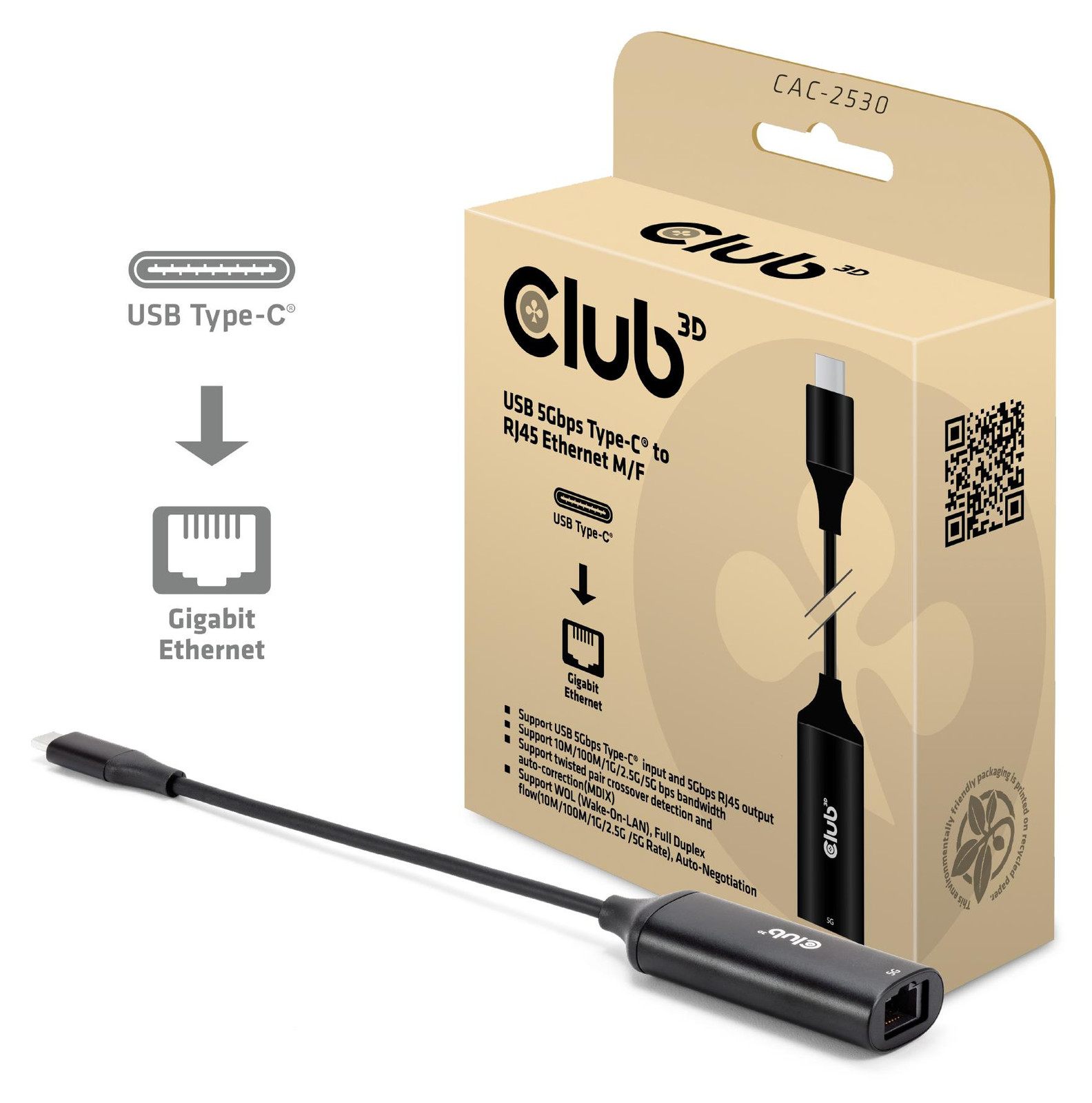 Club3D CAC-2530 Adapter USB-C naar RJ45 5Gbps