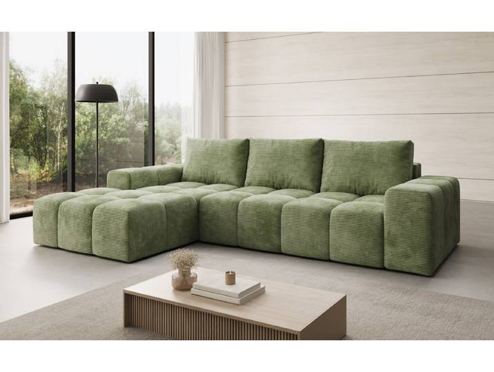 Designer Ecksofa Aila mit Schlaf- und Klappfunktion in Cord - Cord - Salbei - Links - Luxusbetten24