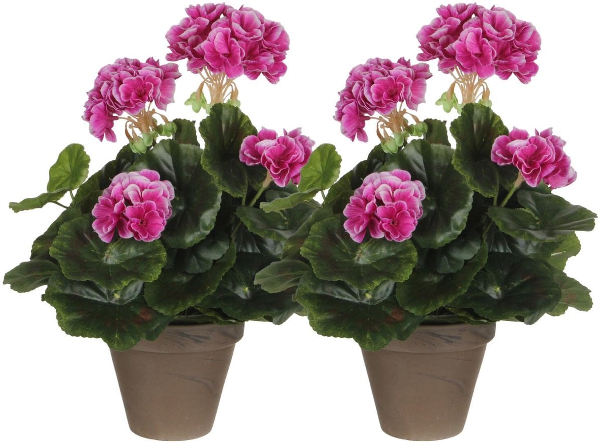 Mica Decorations Kunstplant Geranium Paars in Pot - 2 stuks - Hoogte: 34 cm