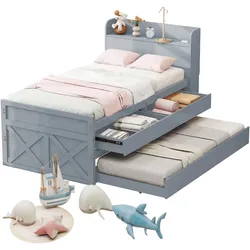 Einzelbett 90x190 cm aus massivem Holz mit ausziehbarer Schublade und Nachttisch mit USB-Anschluss Grau