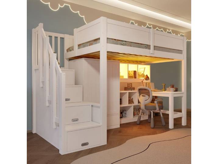 Lit mezzanine blanc 90x200 cm en pin et MDF avec bureau armoire étagères