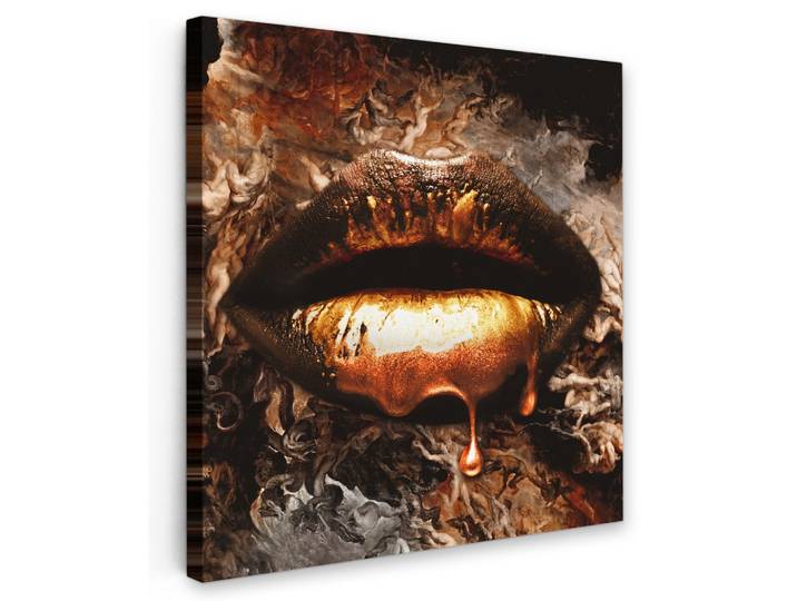LEINWANDBILD Gold - Lippen - Kunst - Gold - Luxus - Abstrakt Deko Groß 90x90 cm