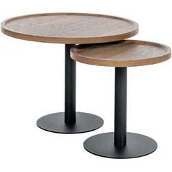 CLP 2er Set Beistelltische Aspen I 2 Couchtische mit runder Tischplatte aus Holz I Wohnzimmertische mit matt-schwarzem Metallgestell