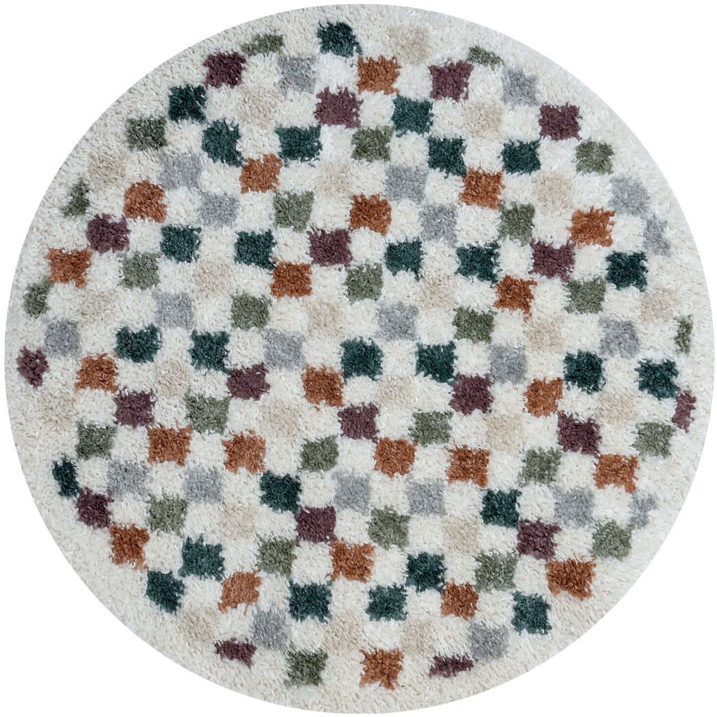 THE RUGS Moodi Modern Shaggy Area Rug Checkered Design Multicolour Round 120 cm