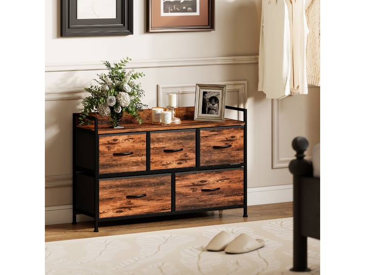 HOMCOM Commode 5 Tiroirs Tissu Brun Rustique Cadre Acier