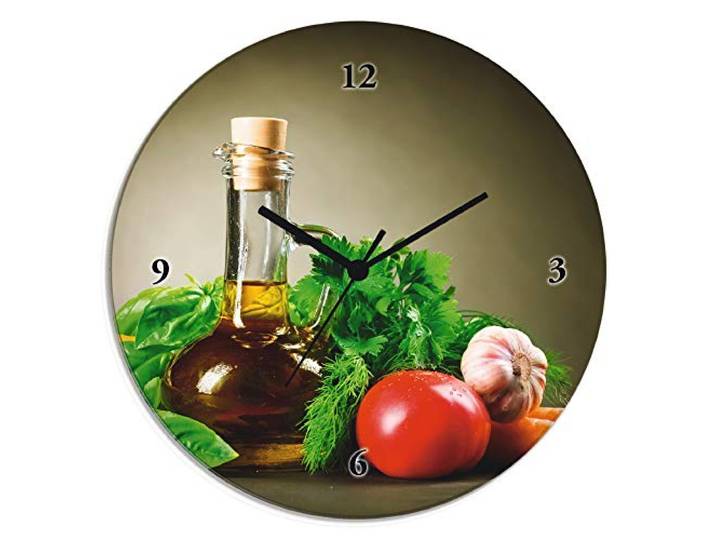 ARTLAND Wanddeko Wanduhr ohne Tickgeräusche Glas Quarzuhr Ø 30 cm Rund Lautlos Italien Essen Gemüse Gewürze Kräuter Koch Food T5LT