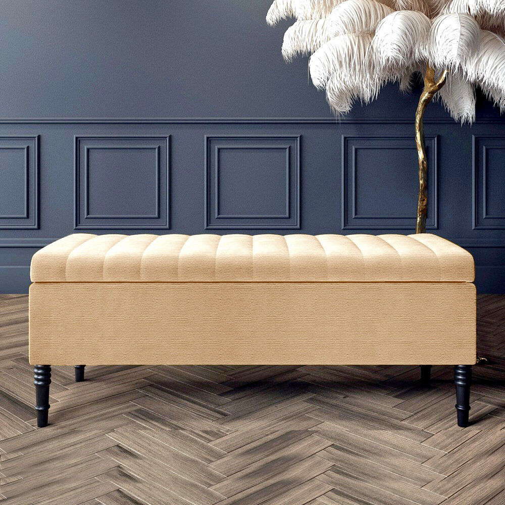 R&M Furnishers Paris Striped Ottoman Storage Bench - Upholstered Naples Shoes Bench with Black Turned Wooden Legs Beige