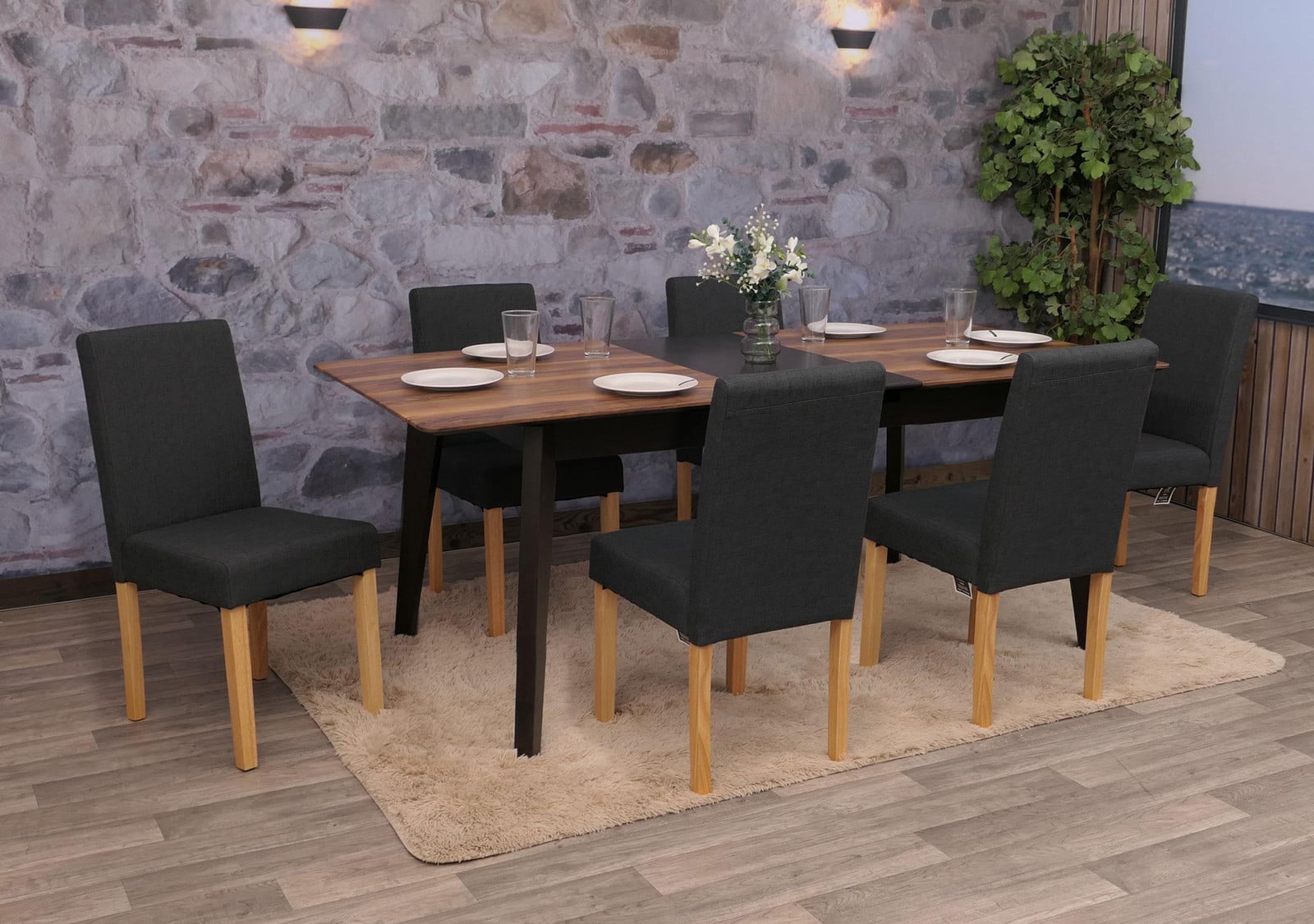 Mendler Set van 6 eetkamerstoelen Littau Textiel zwart met lichte poten
