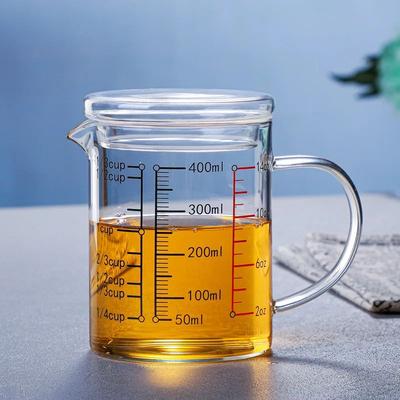Inspire Select High Borosilicate Glass Measuring Cup Clear Scale Beaker With Handle V Spout Heat Resistant Kitchen Measuring Jug 400ml Glass Lid
