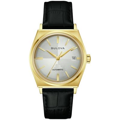 Mechanische Uhr BULOVA "Bulova Frank Sinatra", gold (schwarz, weiß), Armbanduhren, Damen, Armbanduhr, Damenuhr, Herrenuhr, Lederarmband, analog, Big Date